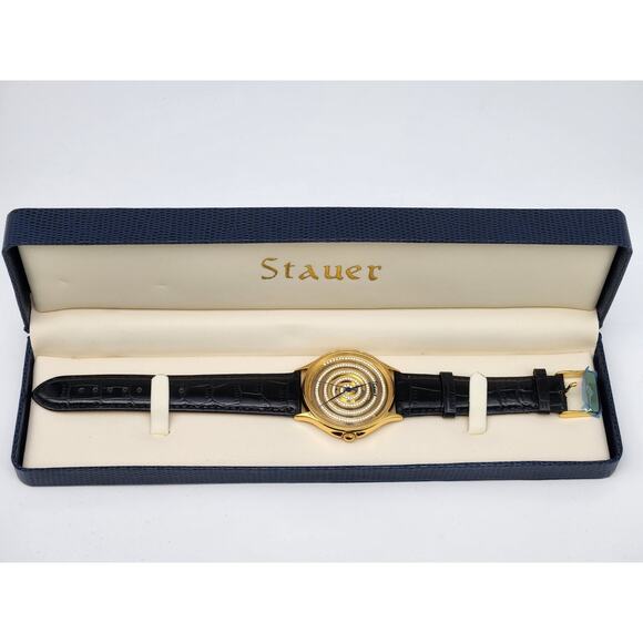 Rare Stauer Mens Gold Tone Crystal Dial Open Watch NOS - New Battery - Picture 1 of 13